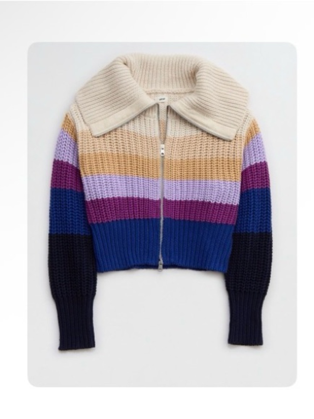 Aerie Striped Double Zip-Front Cropped Knit Sweater in Cream and Multi